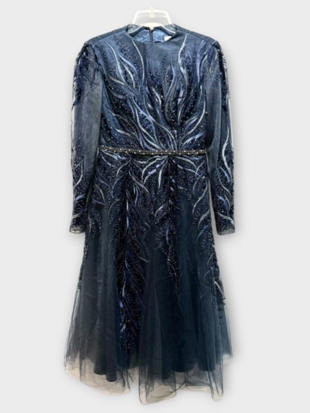 Mac Duggal Navy Embellished Tea-Length Illusion Cocktail Dress Sz 6